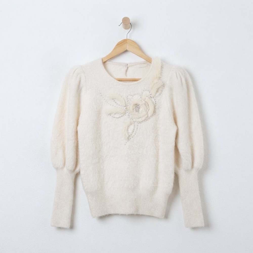 Vintage Cream Fuzzy Angora Pearl Fur Floral Applique Coquette Twee Sweater Small
